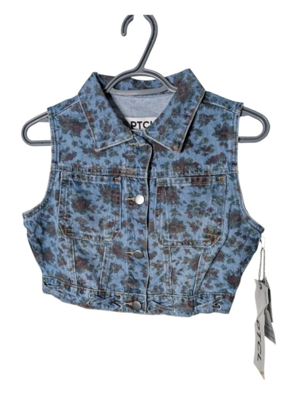 NWT PTCL Fae Floral Print Crop Denim Vest Size Small